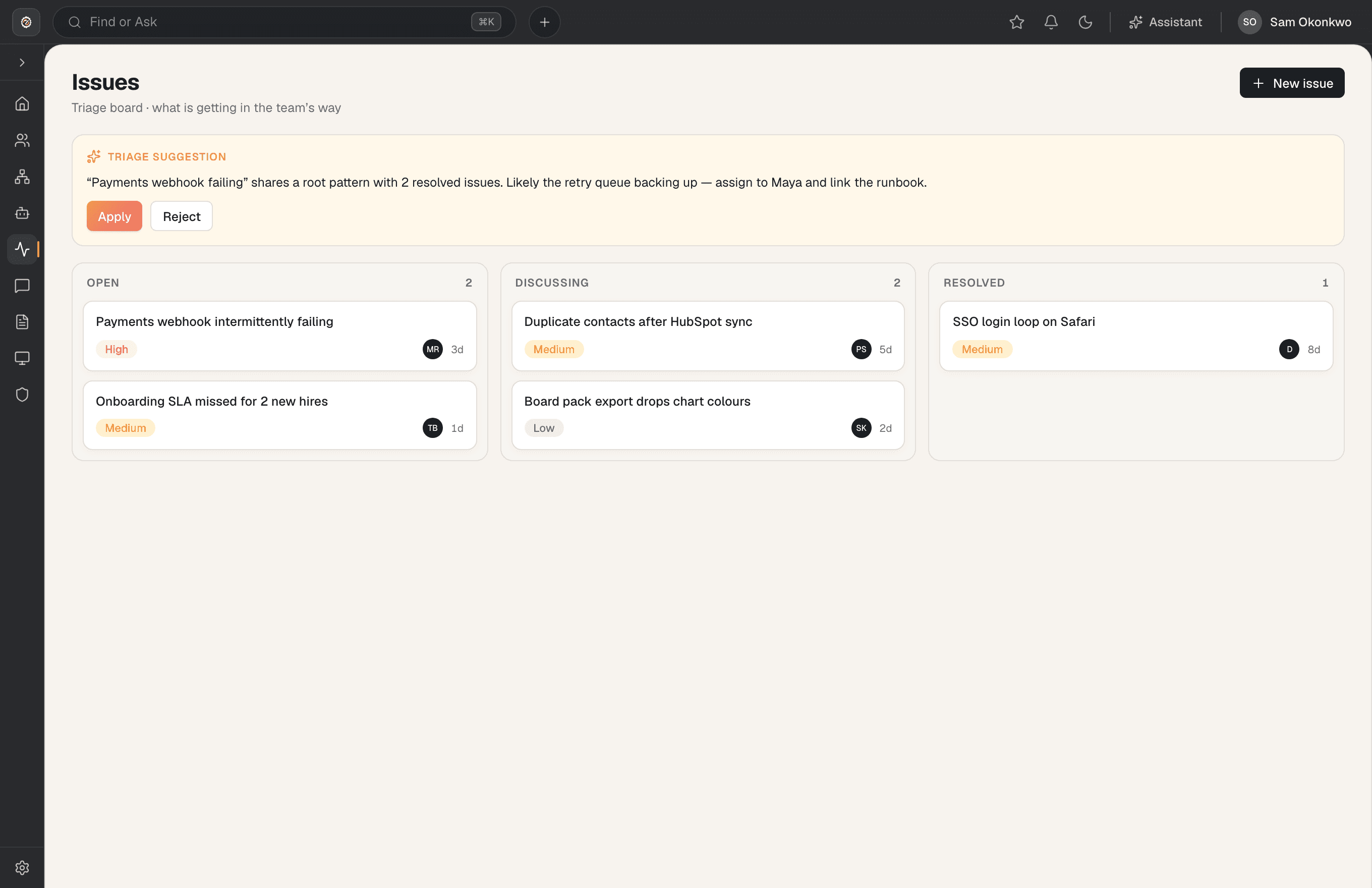 Team O/S — Issues screen